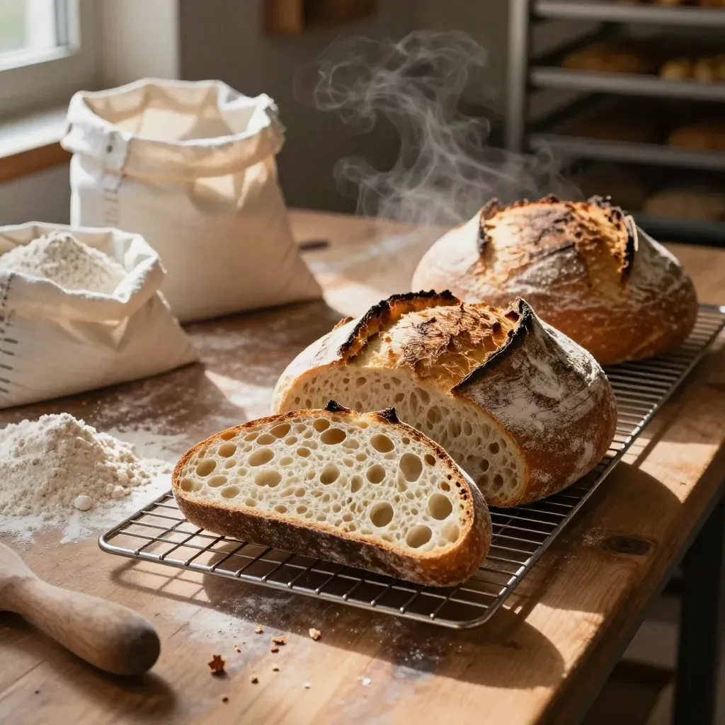 Cooling sourdough loaves on a rack beside flour sacks and a wooden peel in warm back-room light.