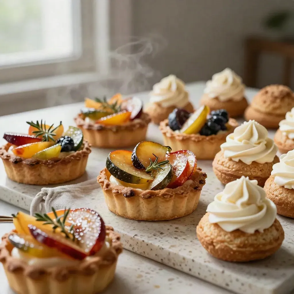 Seasonal fruit tarts, galette, and cream puffs on stone with glossy fruit and herbs.