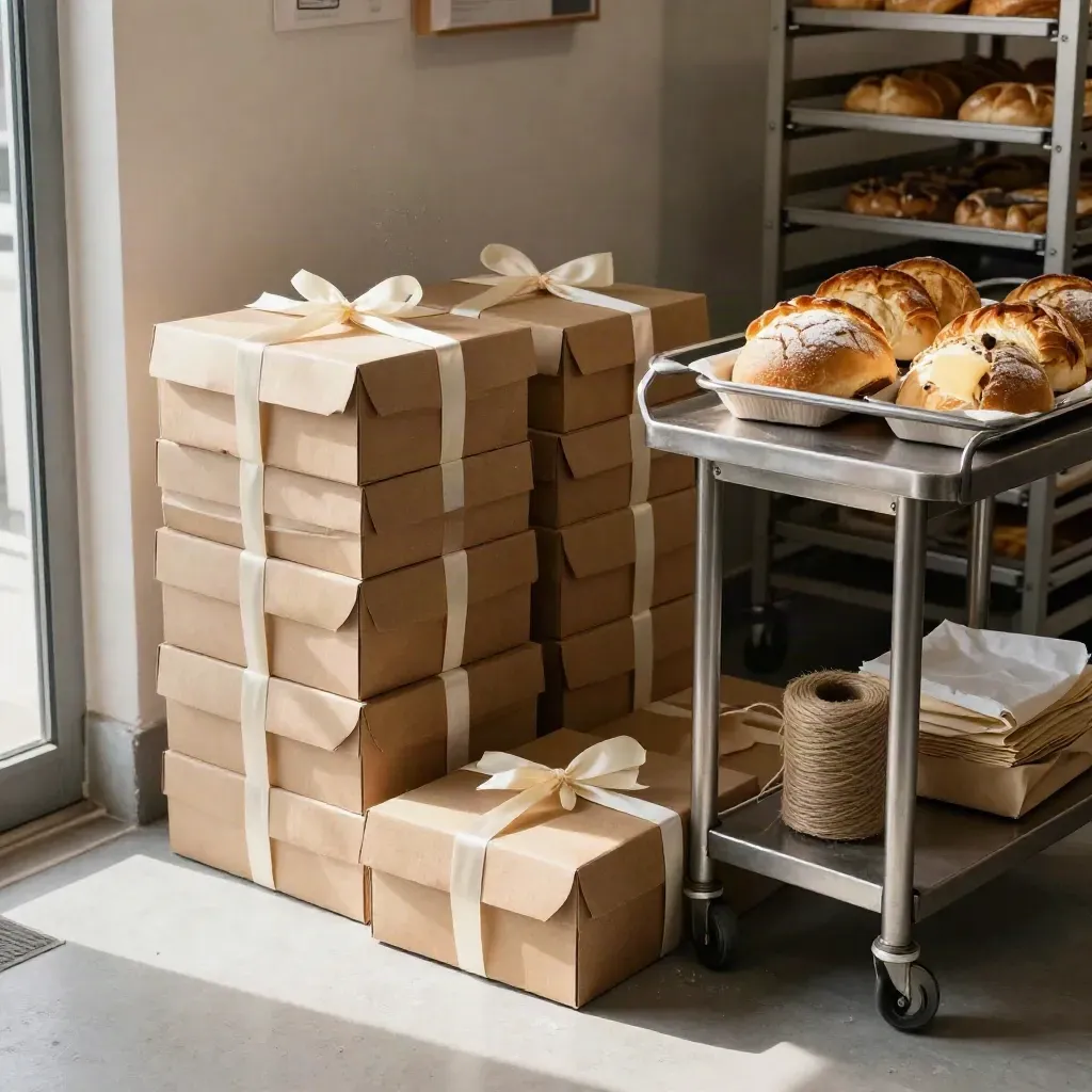 Bakery catering boxes of bread and pastries stacked on a trolley for pickup.