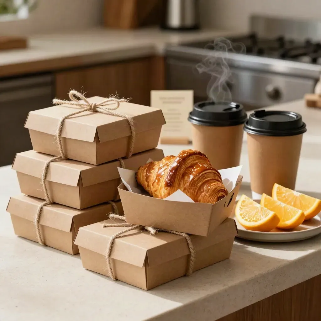 Brunch boxes, croissants, brioche and coffee carriers staged on a stone counter.