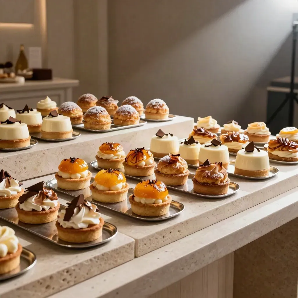 Moody dessert table with tartlets, cream puffs, and mousse cake on stone risers.