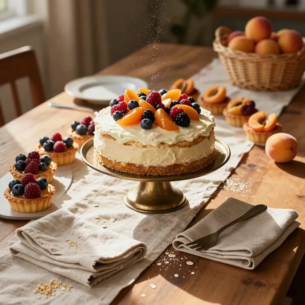 Celebration cake and fruit tarts set on a warm family table, waiting for guests.