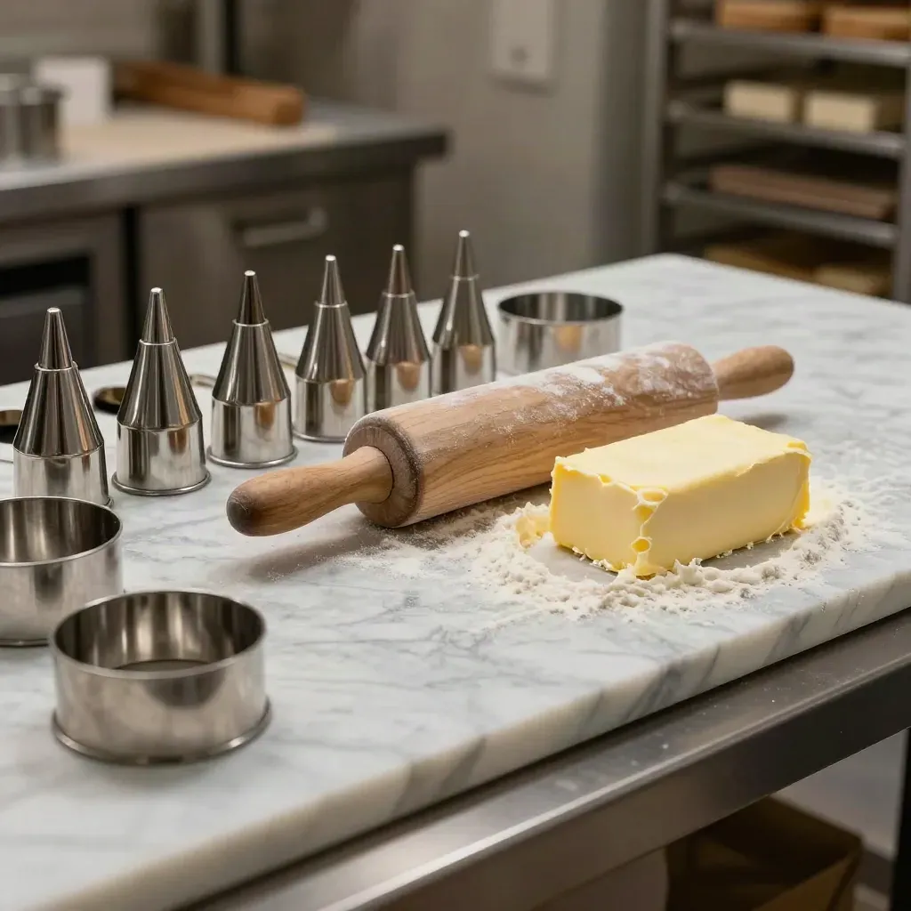 Stainless pastry tools and butter on marble in a dim bakery prep scene.