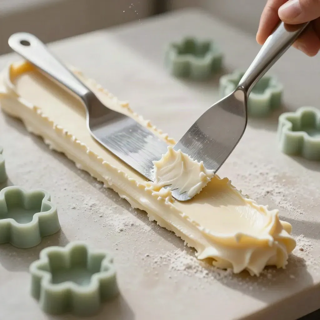 Buttercream sample with cake tools, acetate collar, comb marks, and sugar molds on a plaster bench.