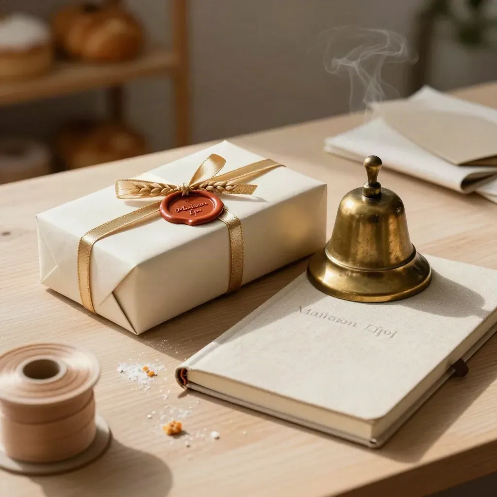 Sealed pastry sample box, brass bell, notebook, wax seal, and ribbon spool on a pale wooden desk