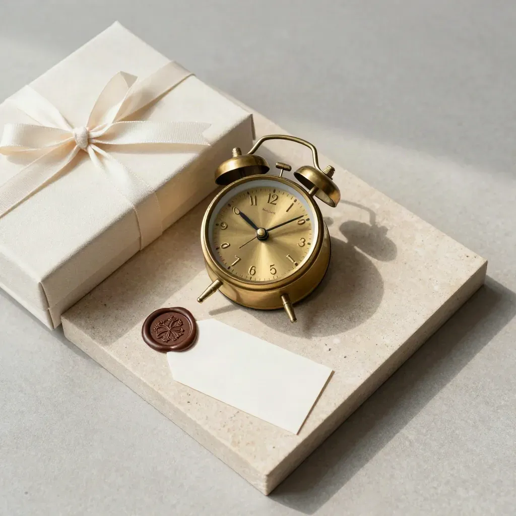 Top-down still life of a brass clock, ribbon-tied box, wax seal and face-down tag on stone.