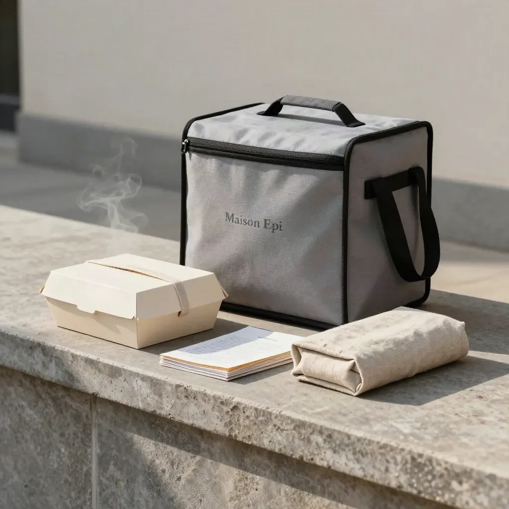 Bakery box, insulated tote, paper carrier and linen wrap on a stone threshold