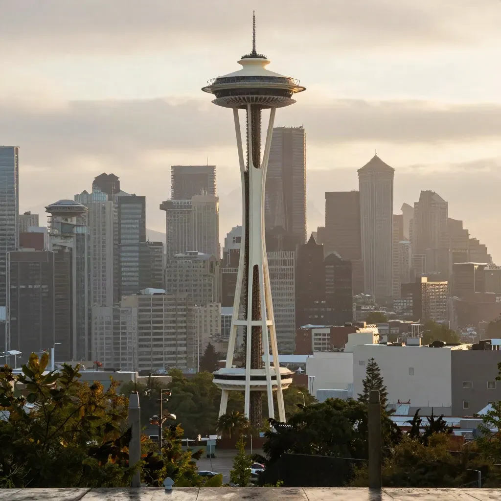 Seattle skyline at sunrise with the Space Needle above rain haze and calm streets