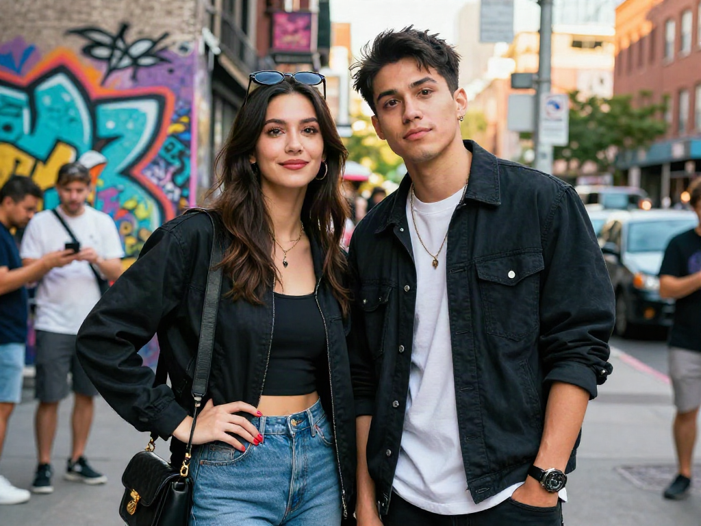 Look alikes of famous people enjoying urban street life in trendy outfits.